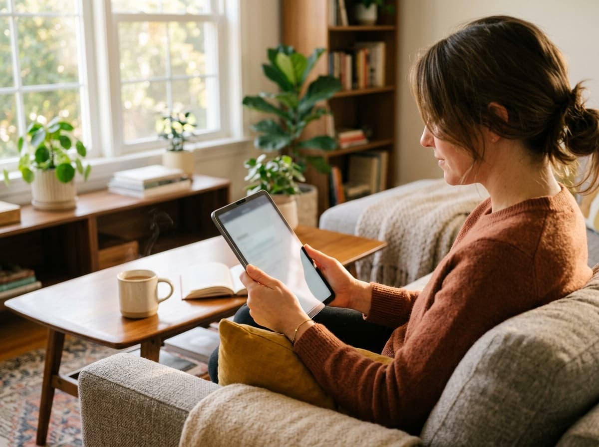 Homeowner using a tablet in a bright living room