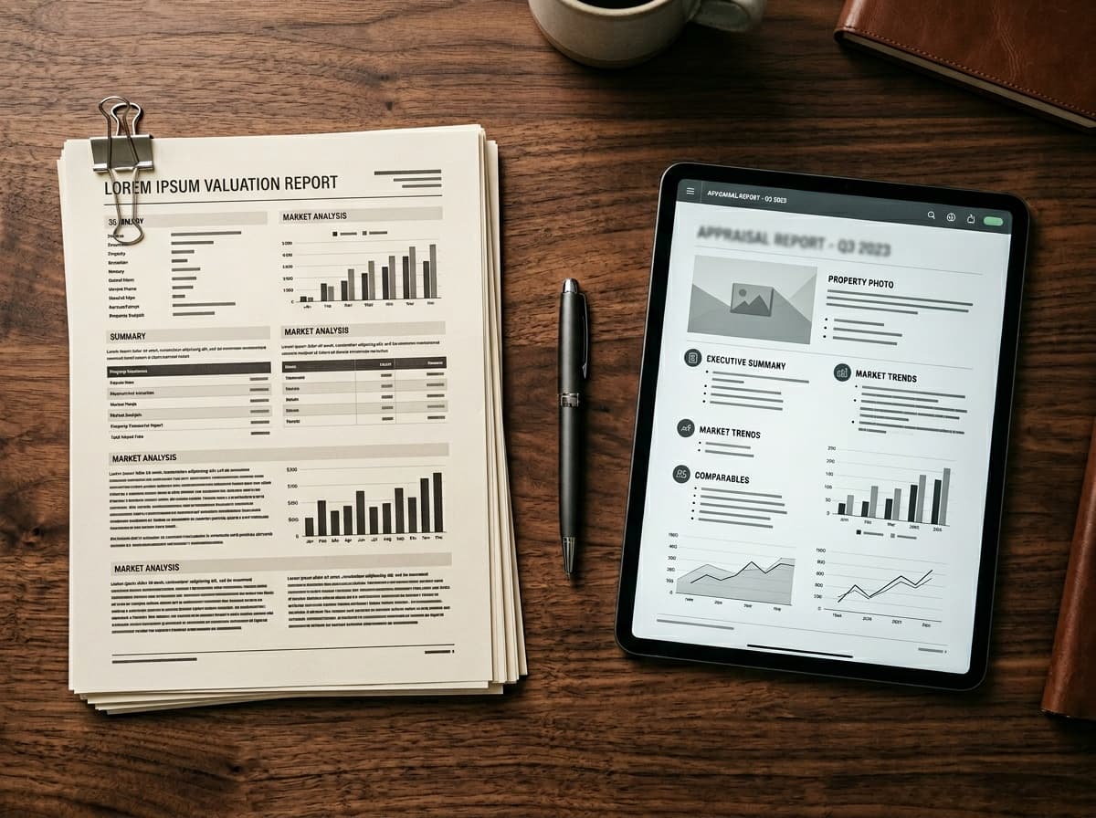 Legacy paper report next to a tablet showing the updated version