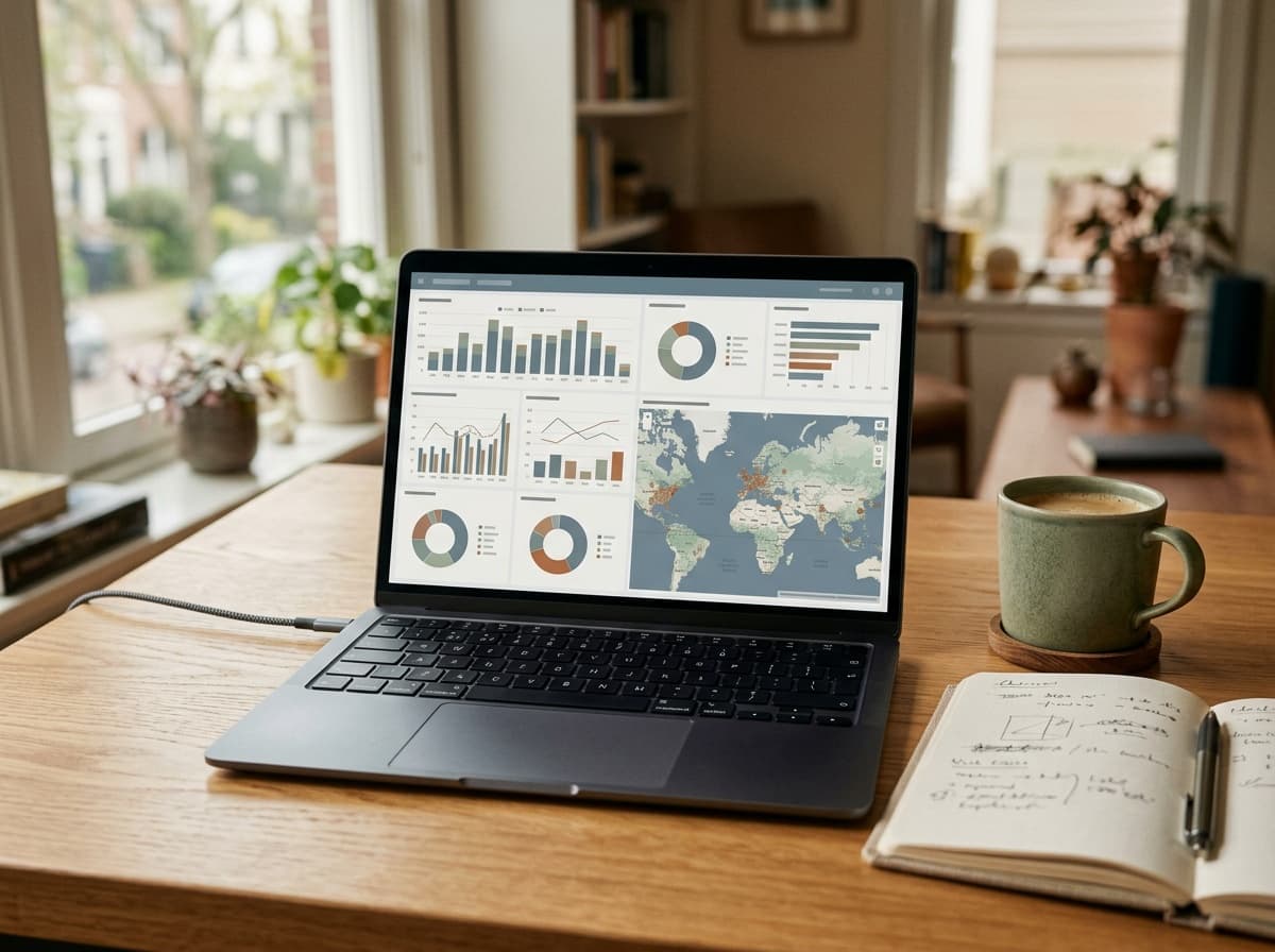 Laptop on desk with analytical dashboard